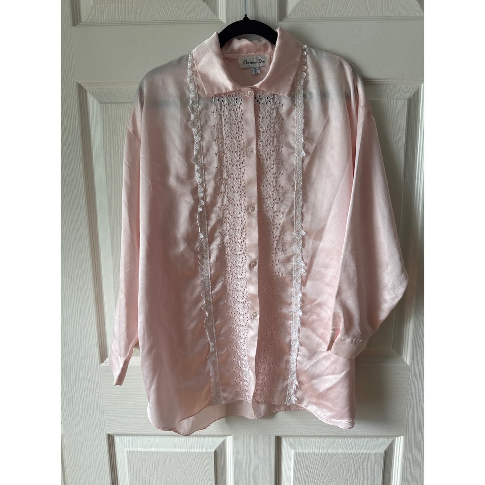 Christian Dior Saks 5th Ave Vintage Blouse Pink Satin Lace Eyelet Button Size S - Picture 1 of 10